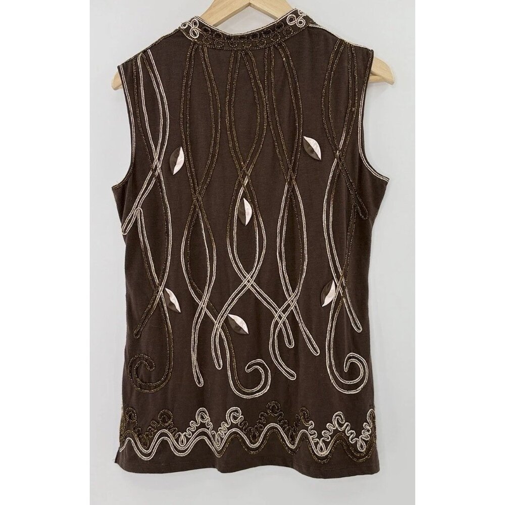 Lauren Michelle Brown Metallic Embroidered Applique Blouse Sz M Art To Wear Boho - Picture 3 of 8
